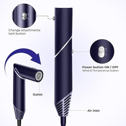 6 in 1 Hair Dryer Brush, Foldable Blow Dryer Brush with Wrap Curler, Detachable Air Hair Styler Curling, Drying,Volumizing, Straightening, Negative Ionic Hair Dryer with Diffuser, Hair Styling Tools - Blue thumbnail 7