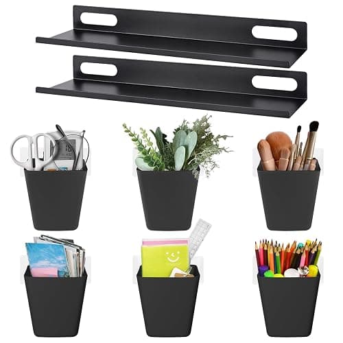 LIGHT DUST Adhesive Small Shelf for Wall - No Drill 2PC Floating Shelves and 6PC Cup Organizers - Wall Mount Storage for Kitchen Bathroom Dorm Apartment Office - Image 1