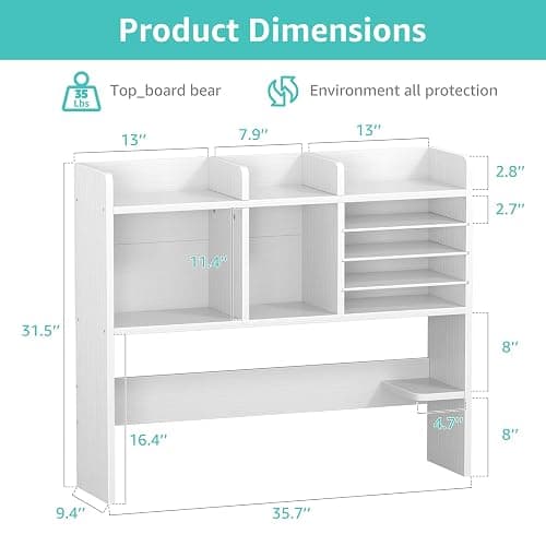 NUTIKAS Desktop Bookshelf for Computer Desk - 36" Desk Hutch Organizer with 4-Tier Paper Tray, Tabletop Storage Rack for College Dorm Room Essentials, Home Office Shelving, White thumbnail 3