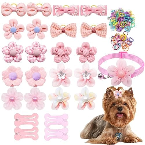 25Pcs Dog Hair Accessories Set for Small Medium Dogs, Flower Bows with Rubber Bands,Dog Hair Clip,Floral Bell Puppy Collar for Boy Girl Pomeranian Yorkie Poodle Maltese Shih Tzu Groomer (Pink) - Image 1