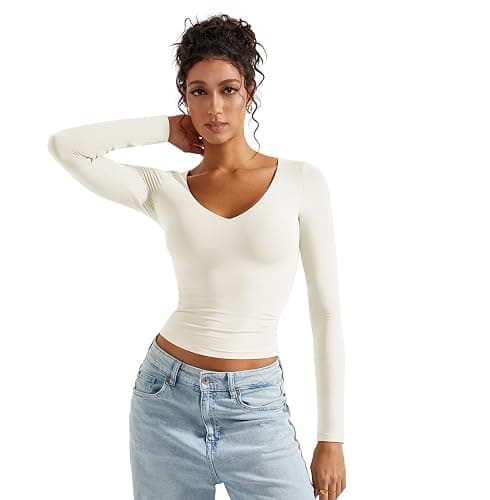 SUUKSESS Women Double Lined Casual V Neck Crop Tank Tops Basic Long Sleeve Shirts thumbnail 4