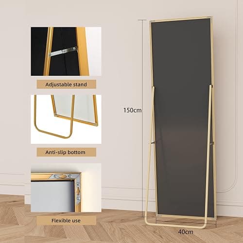 Floor Mirror 150 x 40 cm, Full Length Rectangular Floor Mirror, Wall Mirror for Hanging or Standing, with Black Aluminium Frame, for Bathroom, Bedroom, Entryway (Gold, 150 x 40 cm) thumbnail 2