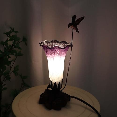 Bieye LL102 Hummingbird Flying Over Lily Flower Blown Glass Table Lamp for Home Decor (White Indigo, 4.25Wx12H) thumbnail 2