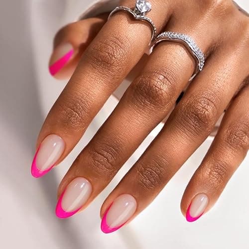 French Tip Press On Nails Almond - BTArtbox Hot Pink Short Stick On Nails for Women, Glue On Nails with Nail Glue in 16 Sizes - 32 Soft Gel Fake Nails Kit, Berry French - Image 1