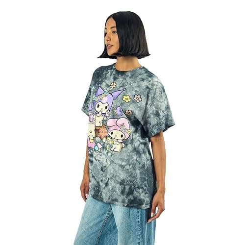 Kuromi, My Melody and Hello Kitty Puff Print Mushroom Scene Women's Black Cloud Wash Crew Neck Short Sleeve T-Shirt thumbnail 4