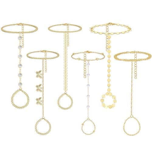 YixNahz 6 Pieces Gold Finger Ring Bracelet for Women Trendy 14k Gold Plated Womens Adjustable Cute Rings Hand Chain Link Bracelets Set for Women Jewelry Gifts Daily Accessories on Summer Beach - Image 1