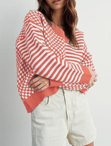 UNCLECAT Women's Striped Checkered Sweater 2025 V Neck Fall Sweaters Casual Knit Trendy Pullover Tops thumbnail 3