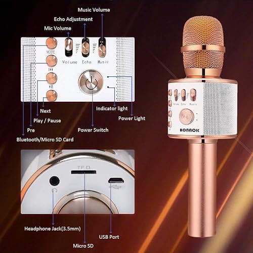 BONAOK Wireless Bluetooth Karaoke Microphone,3-in-1 Portable Handheld Karaoke Mic Speaker Machine Home Party Birthday for All Smartphones PC(Q37 Rose Gold) thumbnail 2