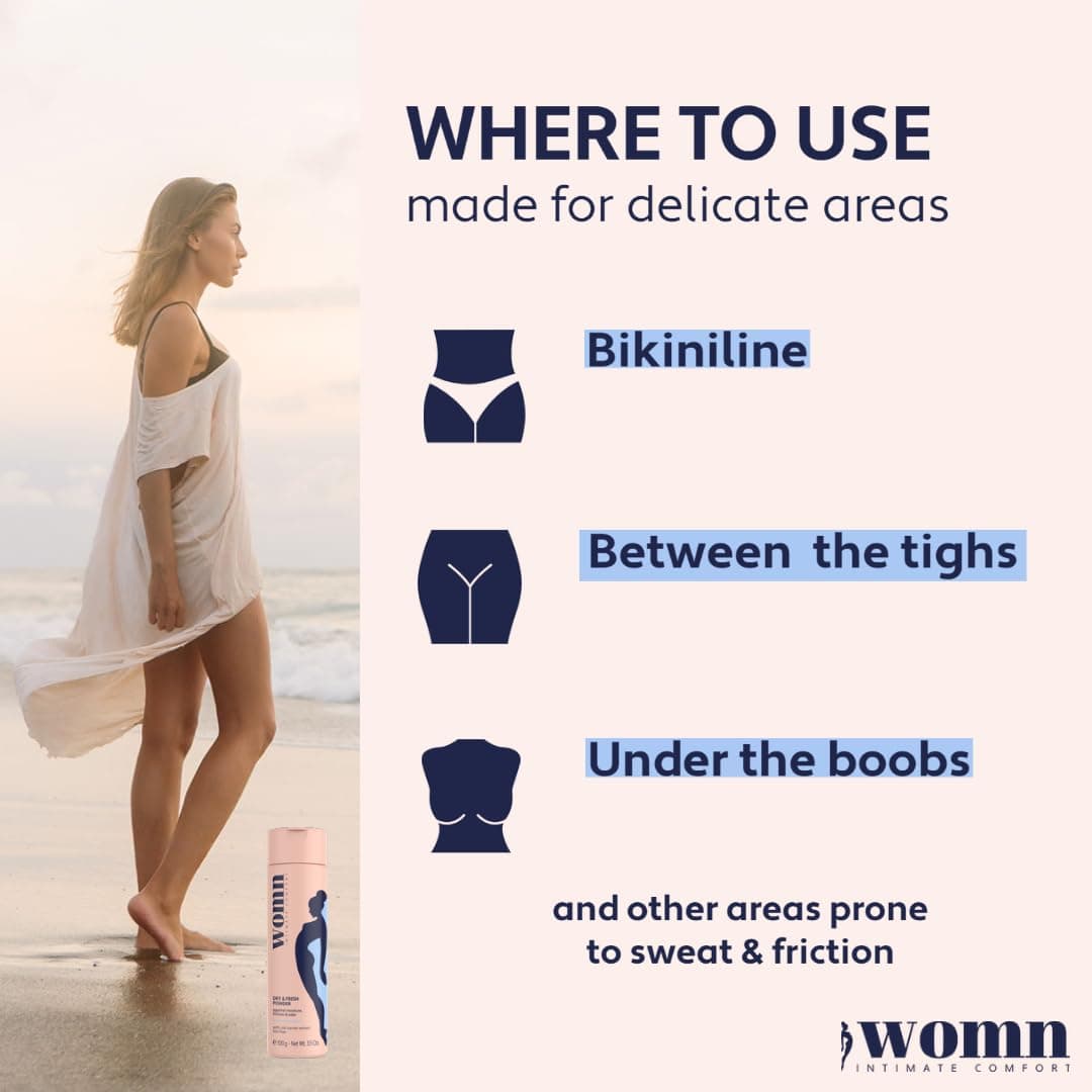 womn Dry & Fresh Powder 100 g - Talc-free body powder for the intimate area, groin and under the breasts - Absorbs sweat and helps prevent friction and odours thumbnail 3