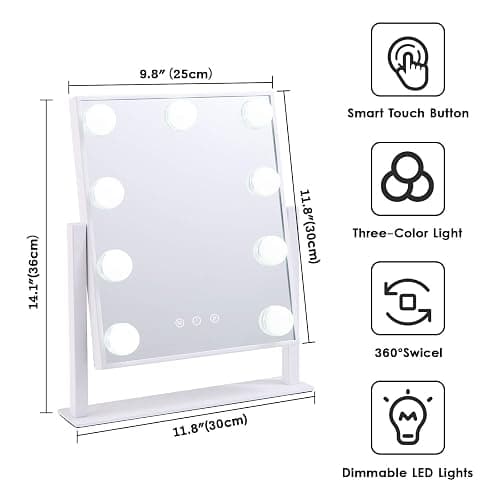 BWLLNI Lighted Makeup Mirror Hollywood Mirror Vanity Mirror with Lights, Touch Control Design 3 Colors Dimable LED Bulbs, Detachable 10X Magnification, 360°Rotation, (White) 12" L x 14" W thumbnail 7