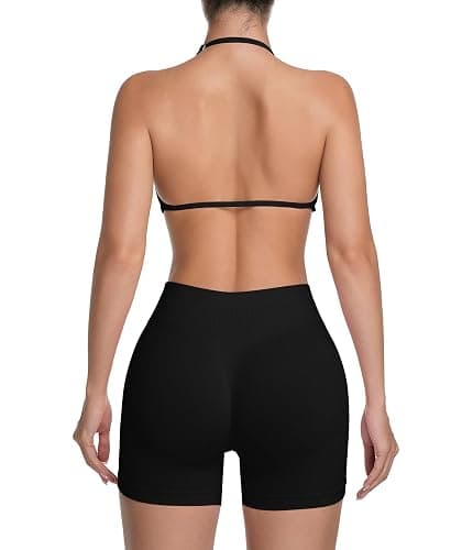 Comper 2 Piece Workout Sets for Women Halter Strappy Sports Bra with Seamless Ribbed Gym Yoga shorts Outfits thumbnail 2