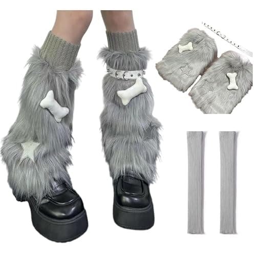 CHERSE Furry Leg Warmers for Women 3in1 Kawaii Star Bone Plush Y2K Leg Socks Pink Lolita Faux Fur 80s Harajuku Punk Gothic - Image 1
