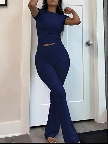 AYWA Women's 2 Piece Lounge Sets Short Sleeve Crop Top Foldover Flare Pants Casual Pajama Outfits thumbnail 4