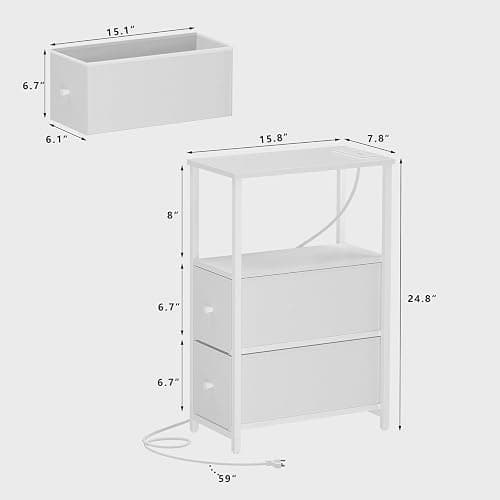 TUTOTAK Small Narrow End Table with Charging Station, Set of 2, Side Table with Outlets, Nightstand with 2 Cloth Drawers, Couch Table, for Living Room, Bedroom, Bedside, White TB01BW055 thumbnail 3