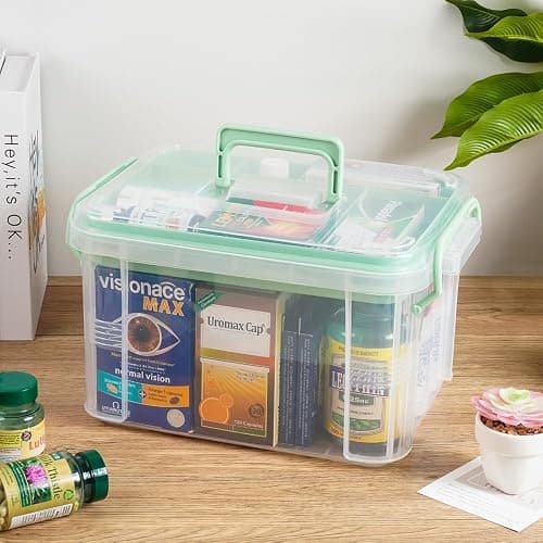 HEY FOLY 15qt Clear Medicine Organizer Storage Box with Tray, Plastic First Aid Box Empty, Thickened Medicine Container Chest, Multipurpose Medical Case with Labels, Medicine Caddy with Lids Handles thumbnail 2