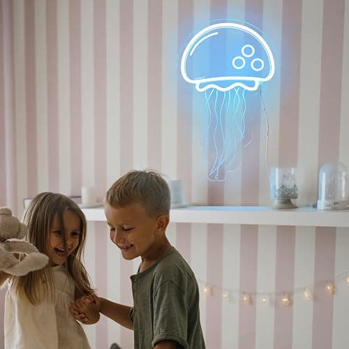 welltodo Jellyfish Neon Signs,Cool Ice Blue Neon Sign for Wall Décor, LED Neon Light Sign for Girls Bedroom Ocean Display Room,Kids Birthday Gift, Wedding Party, Holiday Decoration Powered by USB thumbnail 3