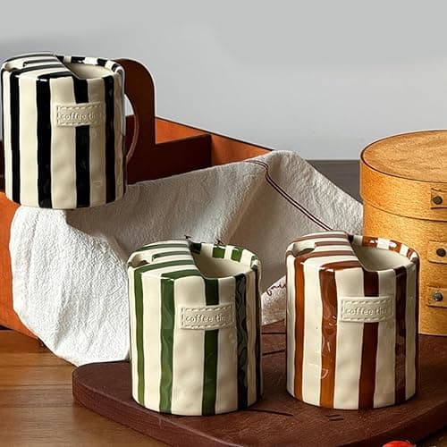 Retro Striped Ceramic Mark Hand-Painted Cup, Vintage Hand-Held Double-Enjoy Cup, Unique Ceramic Coffee Milk Tea Mug, Non Slip Hot Cold Drinks Mug, For Christmas Holiday Winter Gift (Black) thumbnail 6