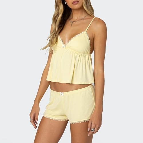XBTCLXEBCO Lace Pajama Sets for Women 2 Piece Sexy Sleeveless Cami Tank Top and Shorts Pj Set Y2K Matching Lounge Sleepwear thumbnail 4