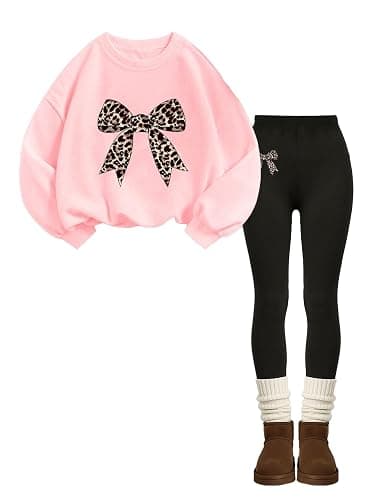 xueteox Girls Long Sleeve Sweatshirt 2 Piece, Bow Graphic Top and Pants Spring Fall Fashion Casual Clothes. thumbnail 2