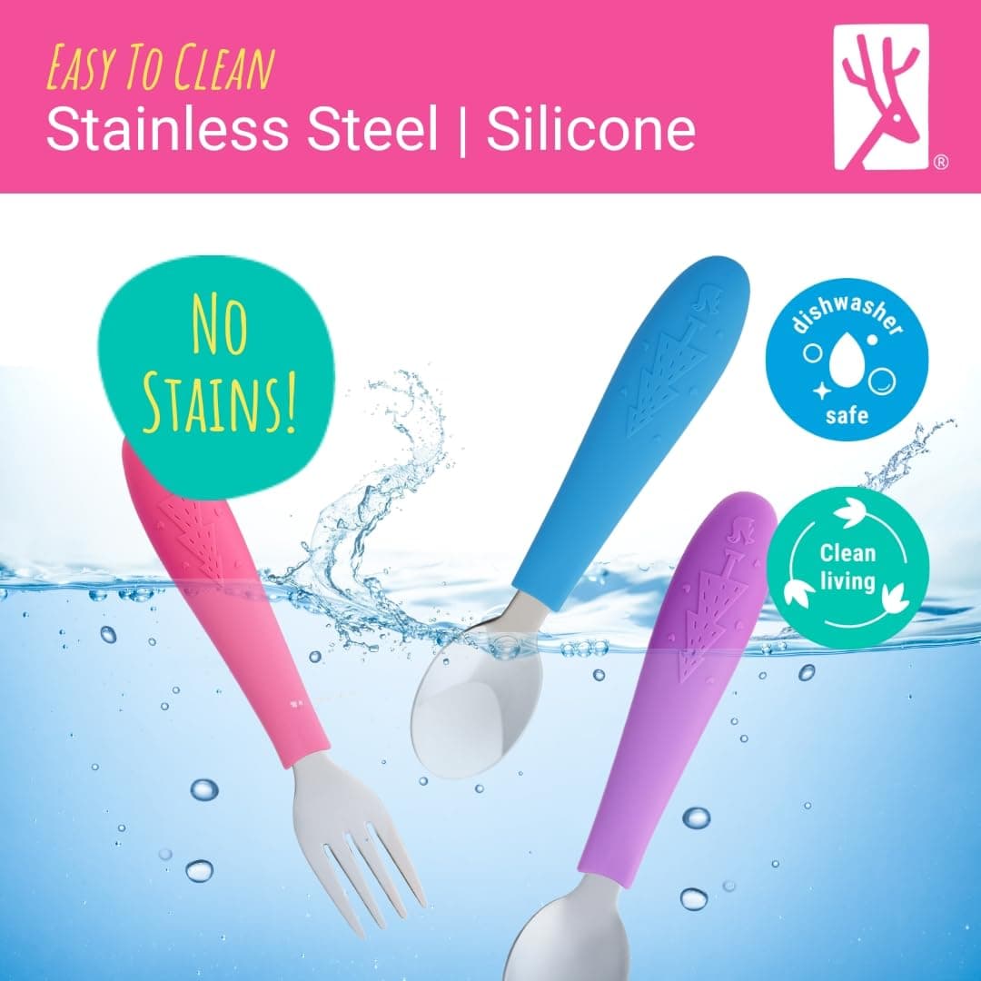 Elk and Friends Kids Silverware with Silicone Handle | Childrens Safe Flatware | Toddler Utensils | Baby Spoons + Forks | Stainless Steel Cutlery | Dishwasher Safe | 6 Pieces thumbnail 6