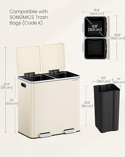 SONGMICS Trash Can, 2 x 10.6 Gallon (2 x 40 L) Garbage Can for Kitchen, with 15 Trash Bags, 2 Compartments, Plastic Inner Buckets and Hinged Lids, Airtight, Almond Color ULTB730A01V1 thumbnail 2