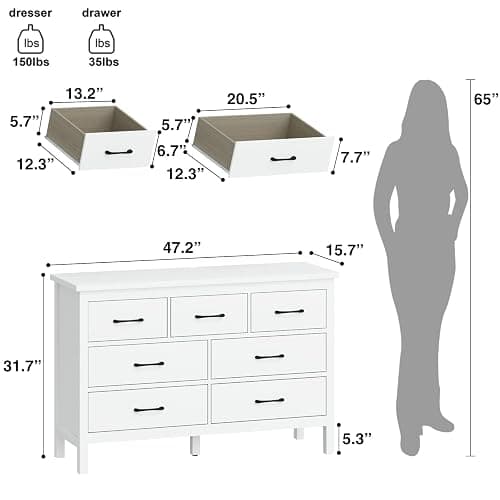 JOZZBY White Dresser for Bedroom with 7 Drawers, Modern Deep Drawer Dresser with Golden Handles, Wooden Storage Organizer Chest of Drawers for Office, Hallway thumbnail 3