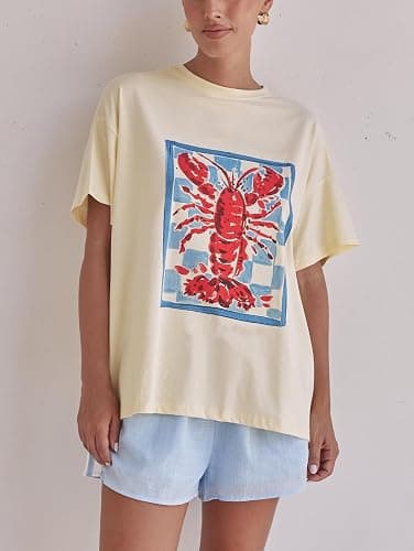 Oversized Graphic Shirt for Teens Girl Y2K Ocean Floral Short Sleeve Baggy Tee Shirts Vintage Aesthetic Coastal Tops thumbnail 2
