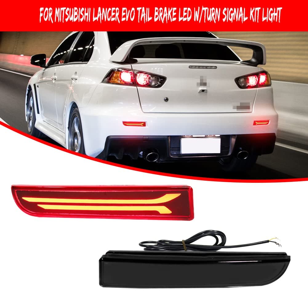 Smoked Lens Led Rear Bumper Reflector Brake Tail Light with Sequential Turn Signal Lamps and Strobe Brake Lighting for Mitsubishi Lancer, Evolution X or Outlander 2008-2017 thumbnail 2