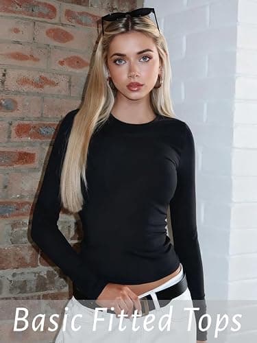 Danysu Double Lined High Round Neck Long Sleeve Tops for Women with Built in Bra Nylon Basic Crop Fall Tee Shirts thumbnail 2