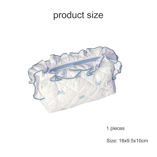 Aikeis Cute Tie Makeup Bag Cotton Quilted Plaid Lining Zipper Women Girls Kawaii Travel Cosmetic Bag (Light Blue), lightblue, Lace bow thumbnail 3