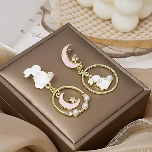 Asymmetric Rabbit Star Moon Earrings,Cute Bunny Pearl Crystal Drop Earring for Women Party Jewelry Gifts thumbnail 6