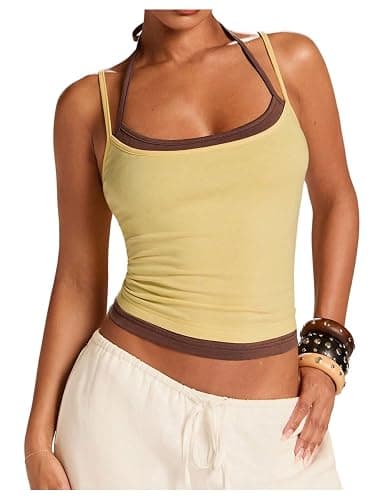 BEAUDRM Women's Double Layered Tank Top Halter Workout Tops | 2 in 1, Summer Tops for Women, Cute Tops, Workout Tank Tops Woman, Going Out Tops, Sports - Image 1