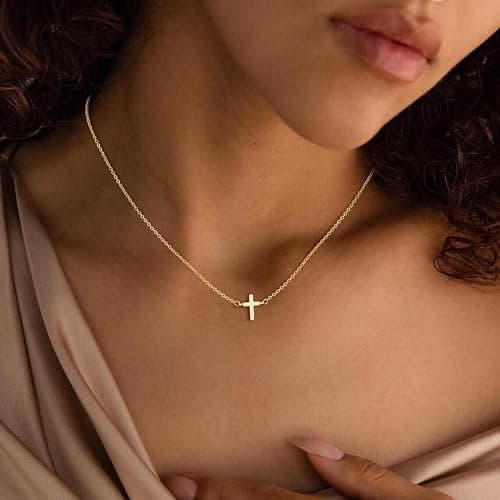 CAROVO Dainty Cross Pendant Necklaces for Women 14K Gold Plated Cute Faith Cross Necklace Sideways Cross Necklace Minimal Everyday Jewelry Gift thumbnail 3