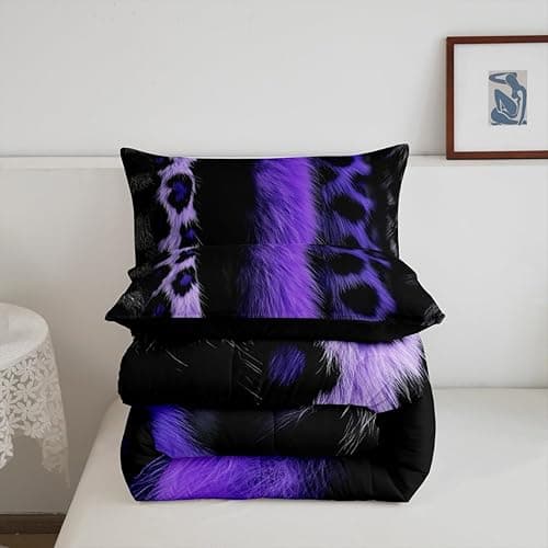 jejeloiu 3D Purple Leopard Bedding Set Queen Size Adult Leopard Comforter Set for Boys Girls Animal Print Duvet Set Wild Animal Fur Quilt Set 3Pcs thumbnail 7