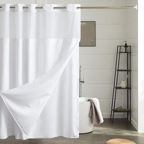Furlinic Waffle Weave No Hook Shower Curtain with Snap in Fabric Liner Set,Heavy Duty Textured Bathroom Curtain with See Through Window,Waterproof & Machine Washable,Hotel Style,White,71x72 Inch - Image 1