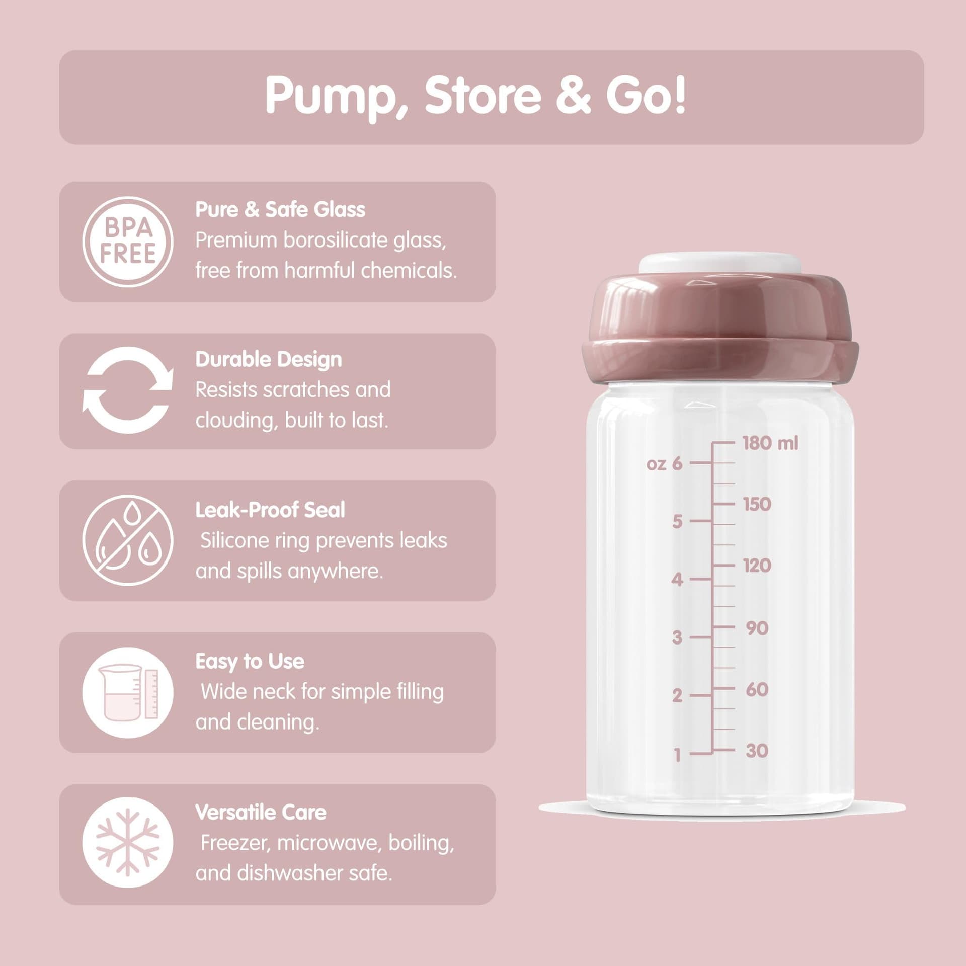 Premium Glass Breastmilk Storage Bottles, Pack of Four, 180ml, Dishwasher, Freezer, and Microwave Safe (Glass Breastmilk Storage Bottles, 4 x 180ml) thumbnail 2