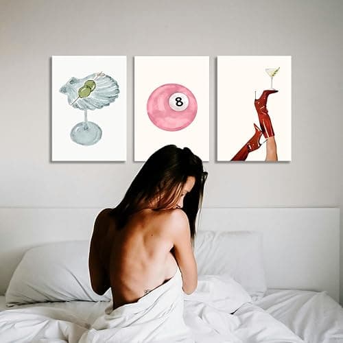 Framed Funky Martini Posters Wall Art Set of 3, Vintage Preppy Aesthetic Canvas Prints, Trendy Pink Number 8 Y2K Girl Room Wall Decor Paintings for Dorm Living Room Dining Room Kitchen 12x16 Inch thumbnail 2