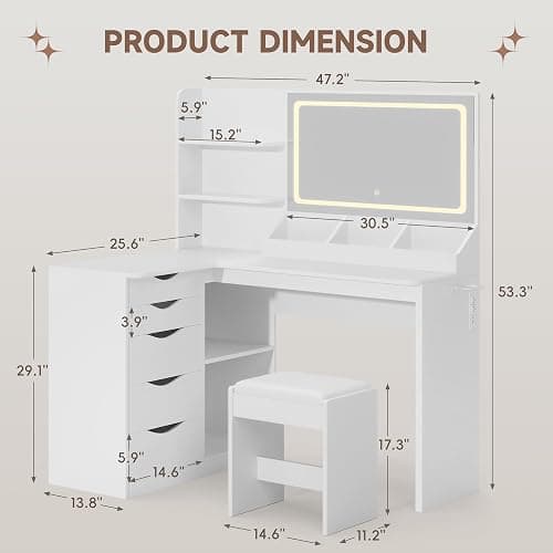 Furmax Vanity Desk with Mirror, L Shape Vanity, LED Lighted Mirror, with Power Outlet and 3 Storage Shelves, Makeup Table with 5 Drawers, 3 Color Modes, for Bedroom(White) thumbnail 2