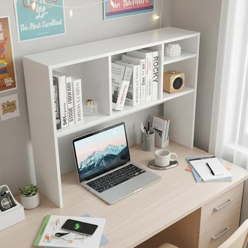 Tangkula Desktop Bookshelf, Countertop Storage Hutch with 4 Shelves for Computer Desk, Desktop 2-Tier Display Rack, Multipurpose Wood Desktop Hutch Storage Organizer for Dorm Office Home (White) thumbnail 4