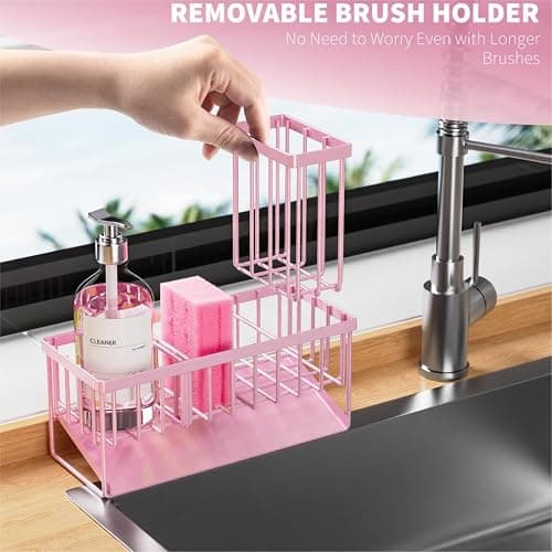 Cisily Pink Kitchen Sink Caddy Organzier with High Brush Holder, Sponge Holder for Sink, 304 Rustproof Stainless, Kitchen Countertop Soap Dispenser Organizer thumbnail 4