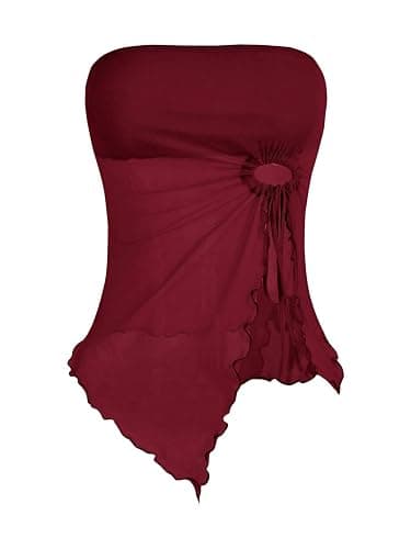 SOLY HUX Women's Mesh Drawstring Split Tube Top Strapless Sleeveless Asymmetrical Hem Summer Tops - Image 1