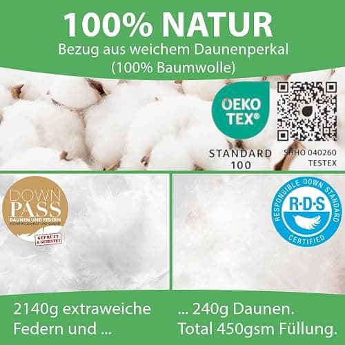 Welldora Komfort Bettdecke 220x240 | 2380g extraweiche Federn & Daunen | Fachärztlich geprüft, Oeko-Tex, Allergiker | RDS Zertifiziert für Tierwohl | Ganzjahres Federbett Daunendecke 220x240 thumbnail 3