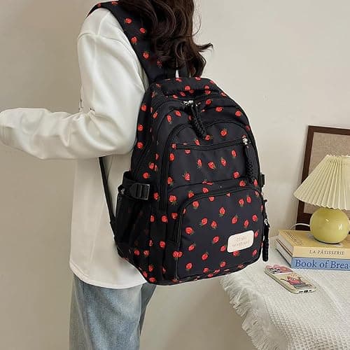 jingyuKJ Coquette Strawberry Backpack - Cute Kawaii Backpack Set Aesthetic Daypack Cute Rucksack (B02 Strawberry Black) thumbnail 3