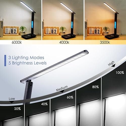 wanjiaone Multifunctional LED Desk Lamp with Wireless Charger,USB Charging Port,Clock,Phone Holder,Desk Lamps for Home Office,Eye-Caring Reading Lamp,Study Lamp for Boys,Girls,Teens,Black thumbnail 5