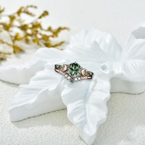 LELOUCHY 10K 14K 18K Rose Gold 2CT Gemstone Engagement Ring Set for Women 925 Sterling Silver 8mm Round Gemstone Triple Moon Goddess Art Deco Bridal Wedding Ring Set (Size 4-15) thumbnail 7