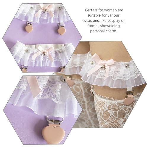 Outanaya Lolita Strumpfbänder mit Herzförmigen Clips aus Spitze und Metall Elastische Garters für Damen zur Kostümdekoration und Formellen Anlässen 1 Paar Weiß thumbnail 9