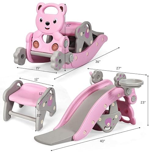 Costzon 5 in 1 Toddler Slide Rocking Toy, Slide for Kids with Detachable Stool, Basketball Hoop and Ring Game, Foldable Climber Playground Slide for Both Indoors Outdoor Use (Pink Bear) thumbnail 3