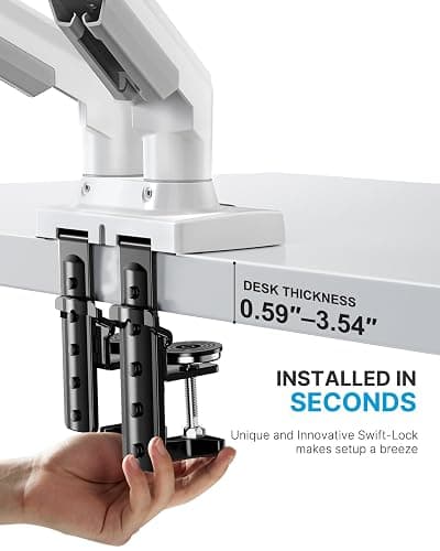 HUANUO Dual Monitor Stand - Full Adjustable Monitor Desk Mount Swivel Vesa Bracket with C Clamp, Grommet Mounting Base for 13 to 32 Inch Computer Screens - Each Arm Holds 4.4 to 19.8lbs - Whtie - White thumbnail 4