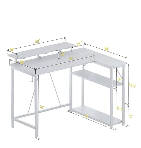 Xyphren L Shaped Gaming Desk with RGB LED Lights & Power Outlets, 120 * 80 cm Small Computer Desk with Adjustable Shelves, Corner Office Desk for Study Workstation, White thumbnail 3