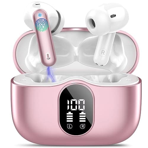 Wireless Earbuds Bluetooth 5.3 Headphones Bass Stereo Ear Buds with Noise Cancelling Mic LED Display in Ear Earphones IP7 Waterproof 36H Playtime for Laptop Pad Phones Sports Workout Pink Gold - Image 1